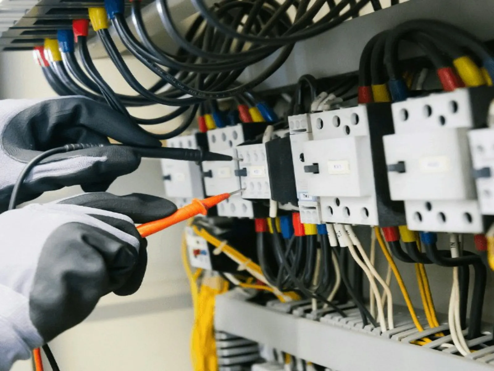 Electrician testing an electrical panel with a multimeter during a service call in Toronto
